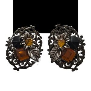 Mid-century Midrt  Floral Black and Amber Earrings
